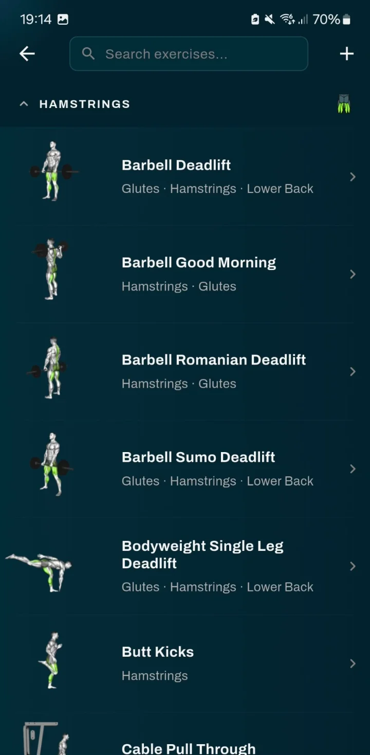 Übungsbibliothek in der GrabGains App, sortiert nach Muskelgruppe