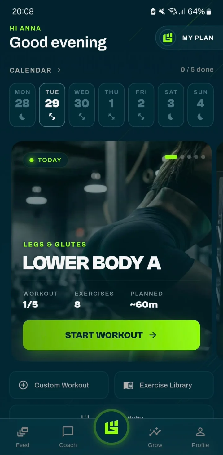 Startbildschirm der Trainingsplan App mit dem Workout von heute