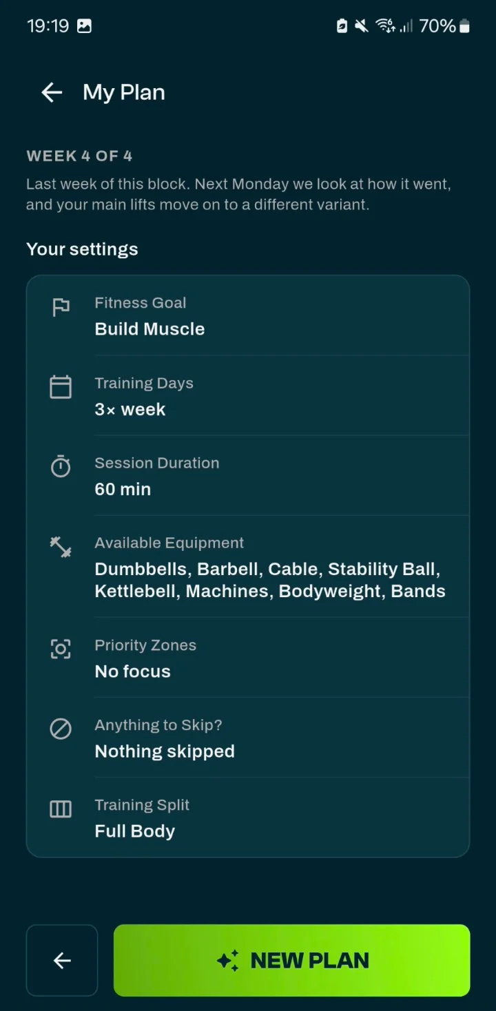 My Plan in der Trainingsplan App mit Ziel, Trainingstagen, Trainingsdauer und verfügbarer Ausrüstung