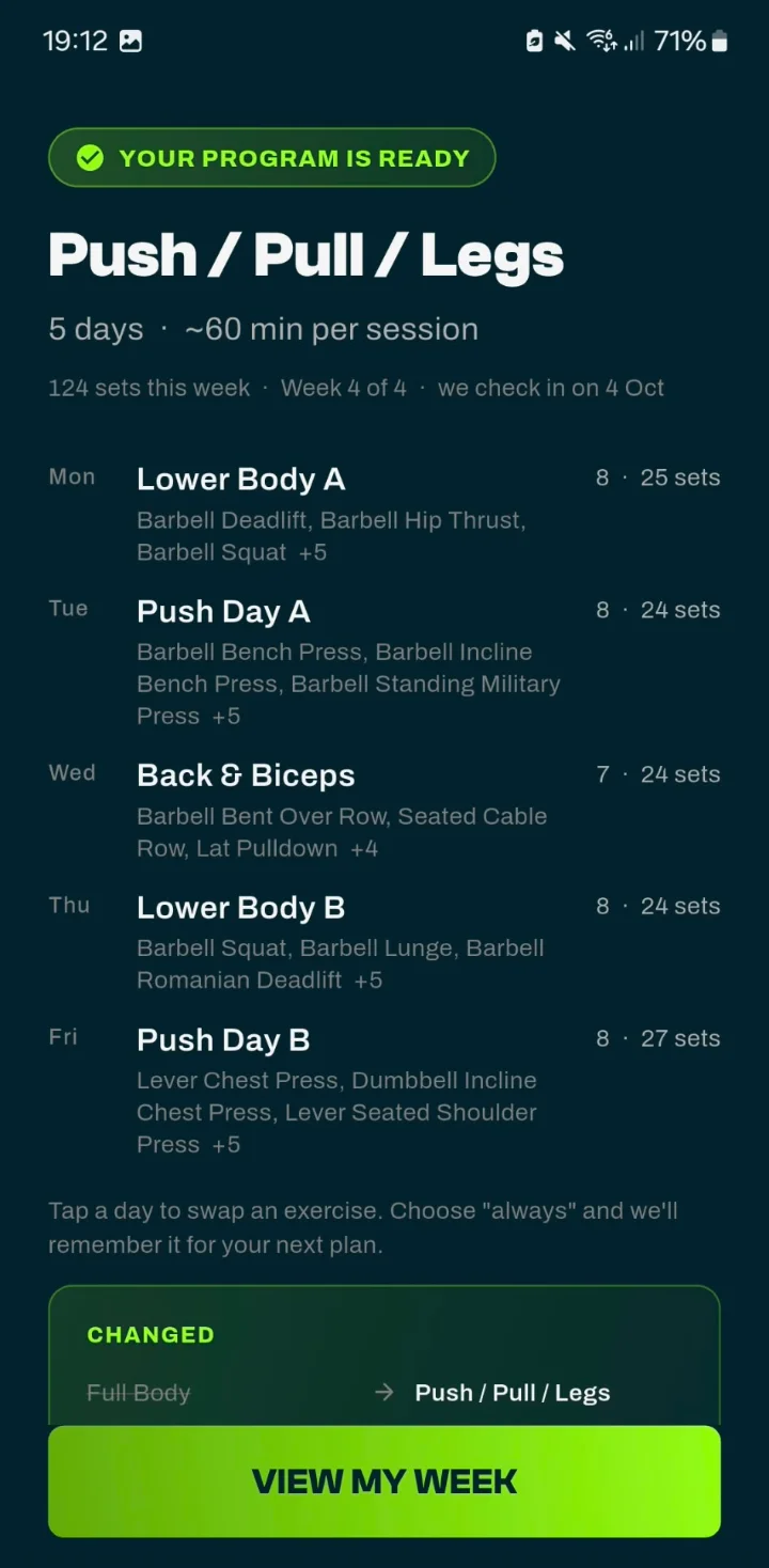 GrabGains personal trainer app: program ready, with a Push / Pull / Legs week