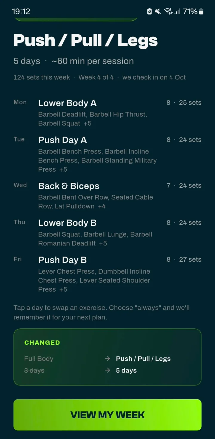 Wochenübersicht deines Trainingsplans in der GrabGains App mit jedem Workout und seinen Sätzen