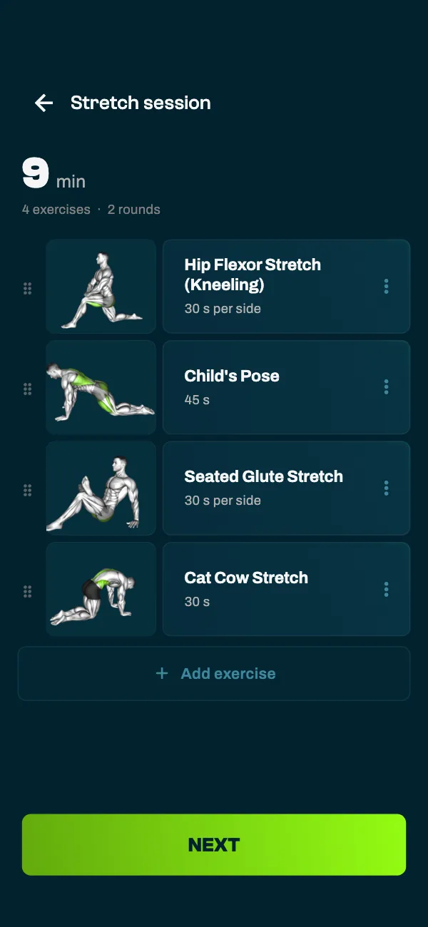 A stretch session in the GrabGains app: Hip Flexor Stretch (Kneeling) and Seated Glute Stretch at 30 s per side, Child's Pose at 45 s and Cat Cow Stretch at 30 s, 2 rounds