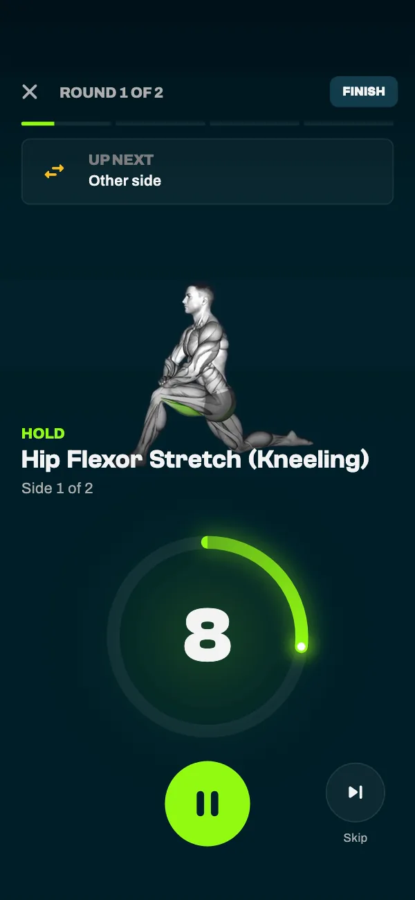 The stretch player holding the Hip Flexor Stretch (Kneeling), side 1 of 2, with Other side up next