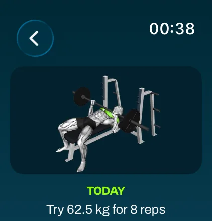 Exercise screen on Apple Watch with the bench press video and today's suggestion of 62.5 kg for 8 reps