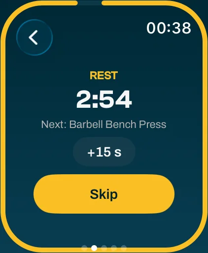 Rest timer on Apple Watch with 2:54 left, +15 s and Skip