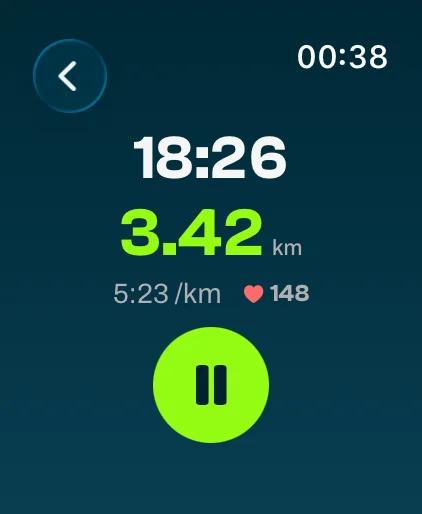 A run on Apple Watch: 18:26, 3.42 km, 5:23 per kilometer and a heart rate of 148