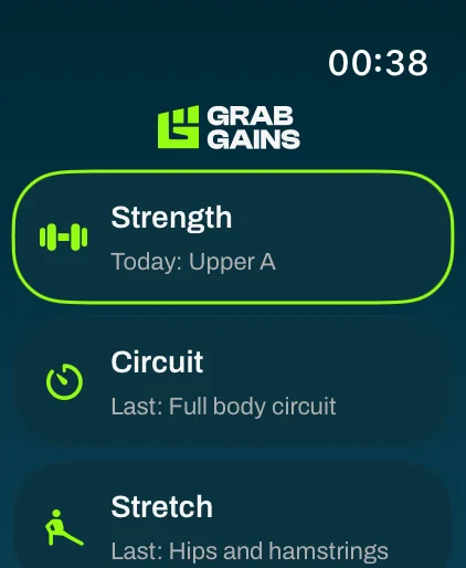 GrabGains start screen on Apple Watch with Strength, Circuit and Stretch