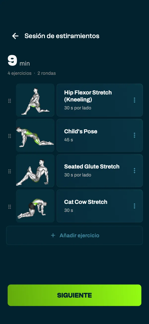 Una sesión de estiramientos en la app GrabGains: Hip Flexor Stretch (Kneeling) y Seated Glute Stretch a 30 s por lado, Child's Pose 45 s y Cat Cow Stretch 30 s, 2 rondas