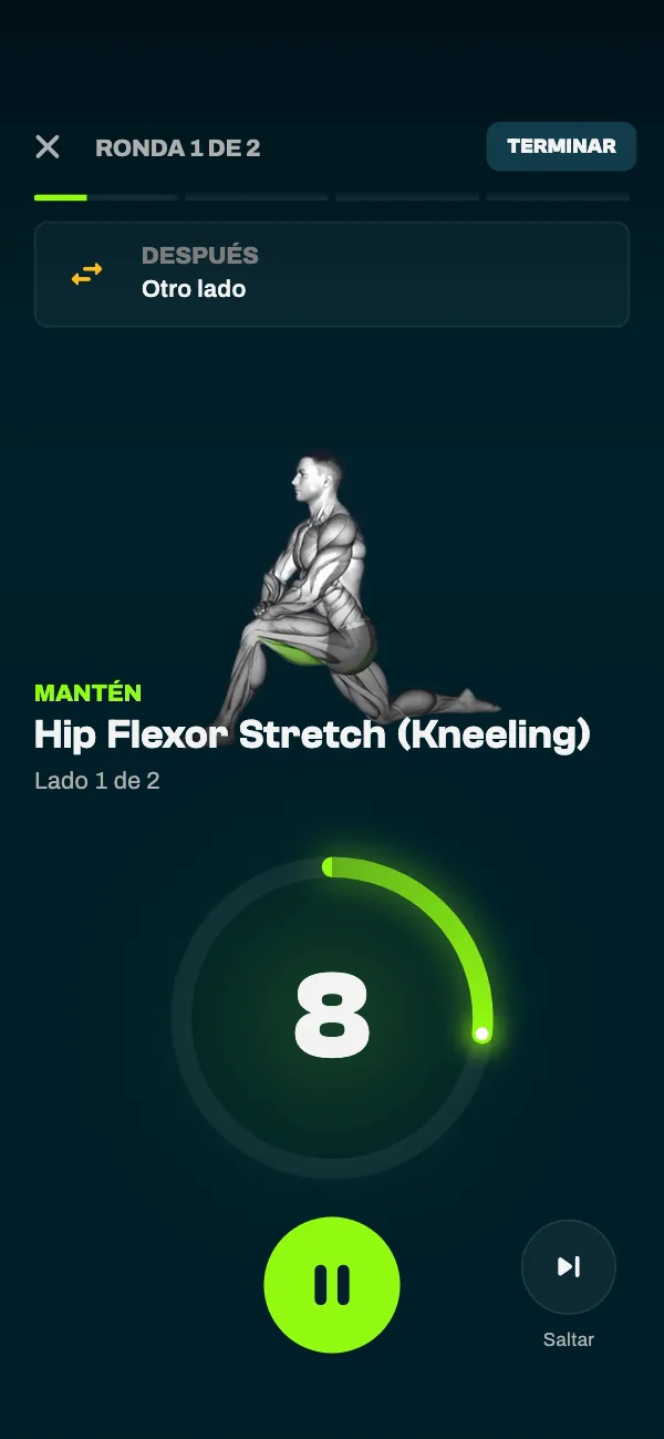 El reproductor de estiramientos con el Hip Flexor Stretch (Kneeling), lado 1 de 2, y el otro lado a continuación