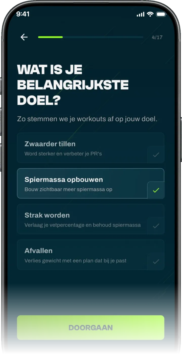 Onboarding in de GrabGains app: je belangrijkste trainingsdoel kiezen