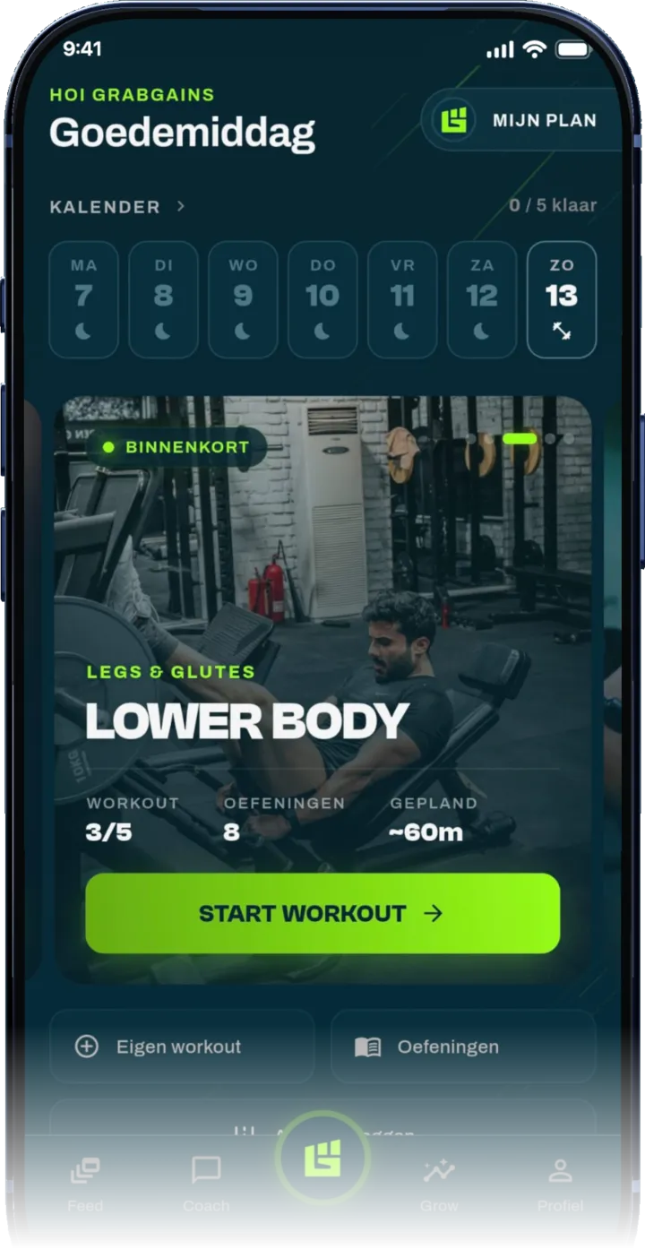 Startscherm van de GrabGains app met de workout van vandaag en de trainingsweek