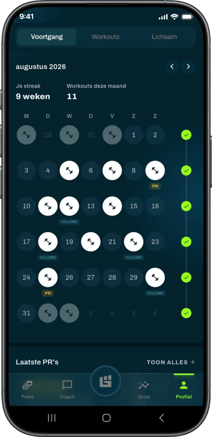 Trainingskalender met streak en persoonlijke records in de GrabGains app