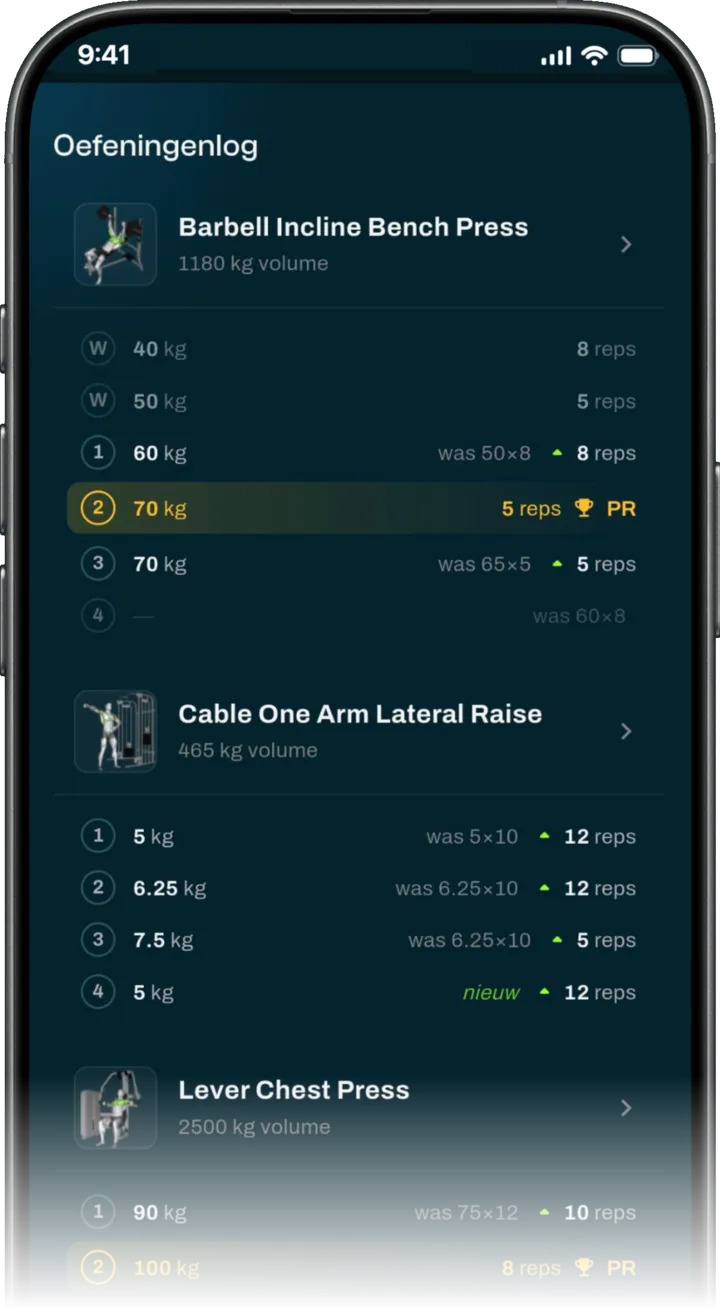 Oefeningenlog in de GrabGains app met sets, gewichten en persoonlijke records