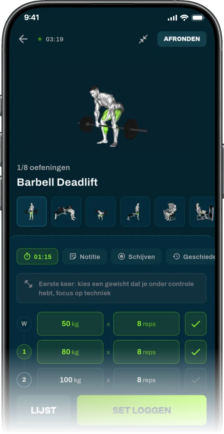 Set loggen in de GrabGains krachttraining app: gewicht, herhalingen en rusttimer