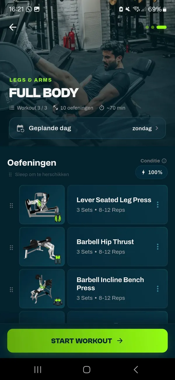 Full body workout in de GrabGains app met oefeningen, sets en gewichten