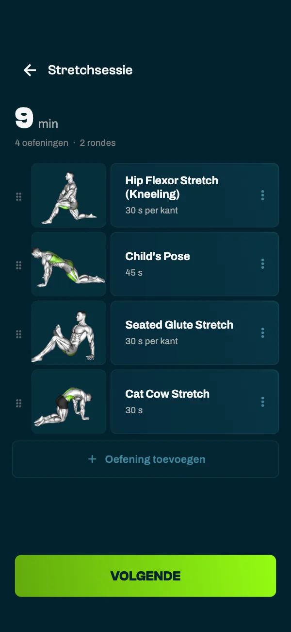Een stretchsessie in de GrabGains-app: Hip Flexor Stretch (Kneeling) en Seated Glute Stretch 30 s per kant, Child's Pose 45 s en Cat Cow Stretch 30 s, 2 rondes