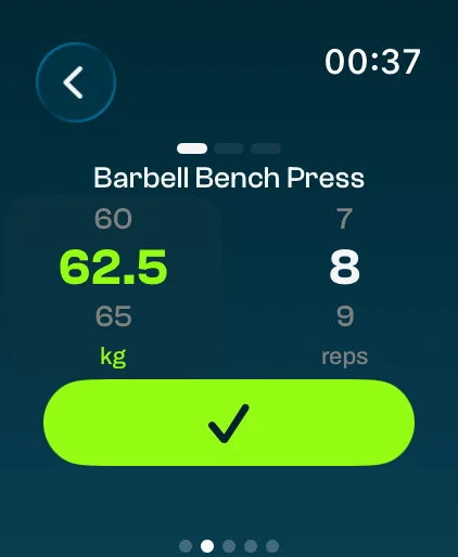 GrabGains op de Apple Watch: gewicht en herhalingen voor de volgende set Barbell Bench Press
