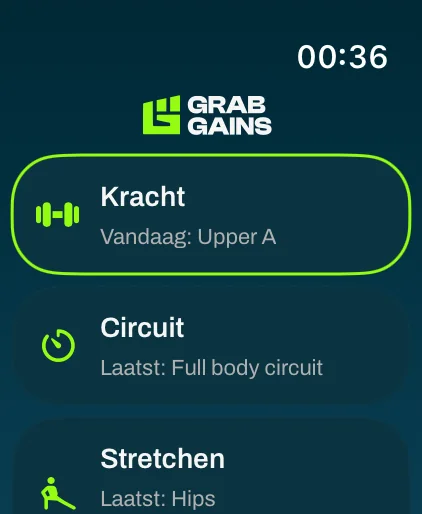Startscherm van GrabGains op de Apple Watch met Kracht, Circuit en Stretchen