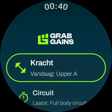 Startscherm van GrabGains op een Wear OS-horloge met Kracht en de workout van vandaag