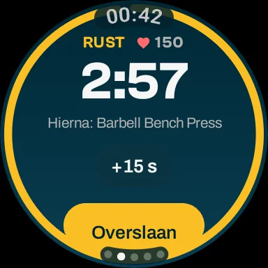 Rusttimer op een Wear OS-horloge met nog 2:57 rust, +15 s en Overslaan