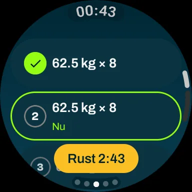 Overzicht van de sets op een Wear OS-horloge: de eerste set is gedaan, de tweede staat klaar