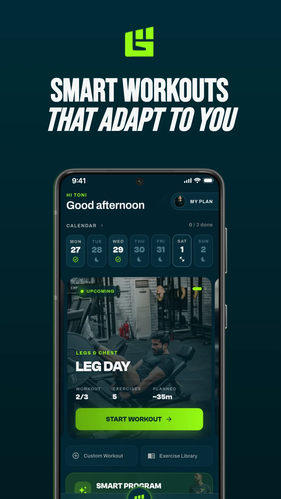 La pantalla de inicio, con el entrenamiento planificado para hoy y tu semana de entrenamiento