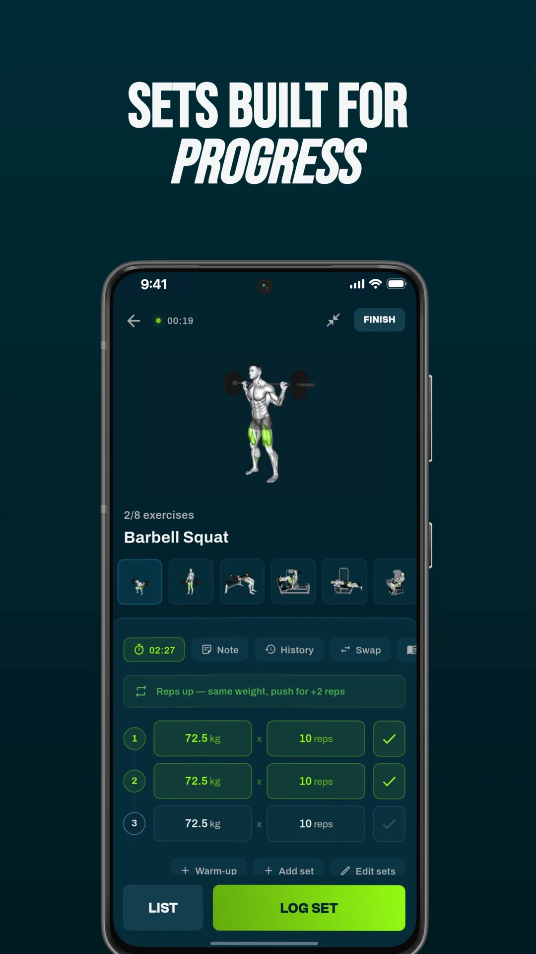Registrar una serie durante un entrenamiento, con peso y repeticiones por serie